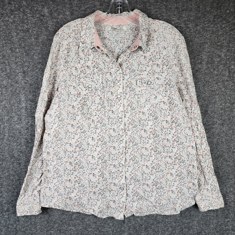 Old Navy Western Button Down Women XL White‎ Orange Floral Ditsy Cotton Shirt